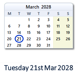 21 March 2028 calendar