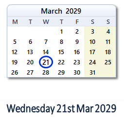 21 March 2029 calendar