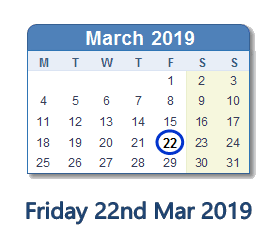 22 March 2019 calendar