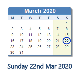 22 March 2020 calendar