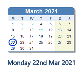 22 March 2021 calendar