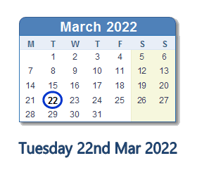 22 March 2022 calendar