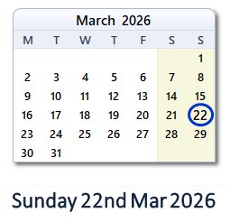 22 March 2026 calendar