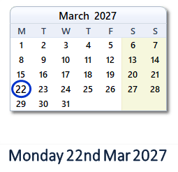 22 March 2027 calendar