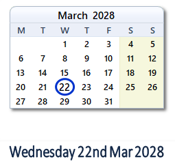 22 March 2028 calendar