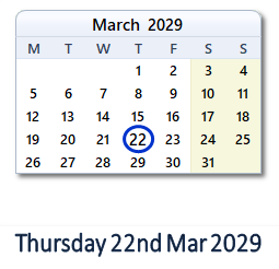 22 March 2029 calendar