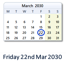 22 March 2030 calendar