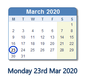 23 March 2020 calendar