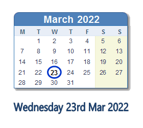 23 March 2022 calendar