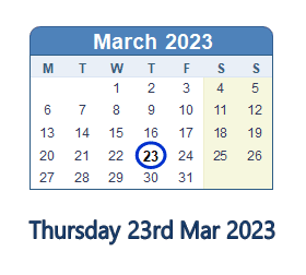 23 March 2023 Calendar with Holidays and Count Down - GBR