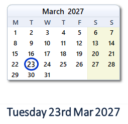 23 March 2027 calendar