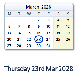 23 March 2028 calendar