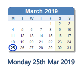 25 March 2019 calendar