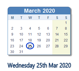 25 March 2020 calendar