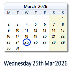25 March 2026 calendar