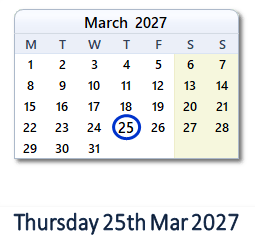 25 March 2027 calendar