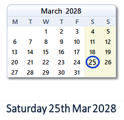25 March 2028 calendar