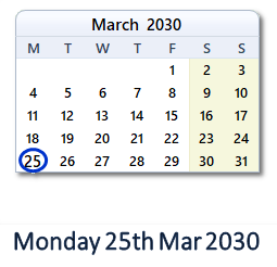 25 March 2030 calendar