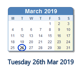 26 March 2019 calendar