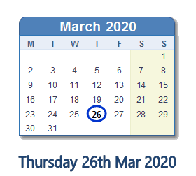 26 March 2020 calendar