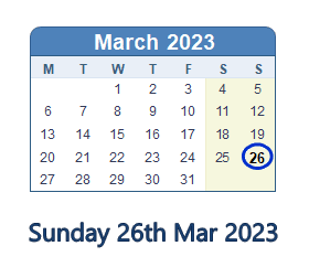 26 March 2023 calendar