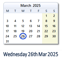 26 March 2025 calendar
