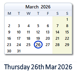 26 March 2026 calendar