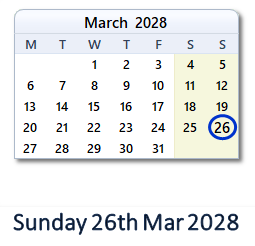 26 March 2028 calendar