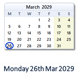 26 March 2029 calendar