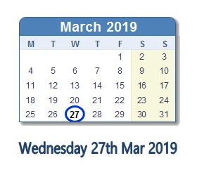27 March 2019 calendar