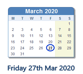 27 March 2020 calendar