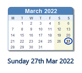 27 March 2022 calendar
