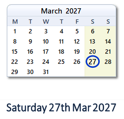 27 March 2027 calendar