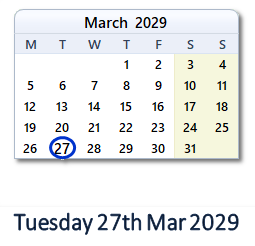 27 March 2029 calendar