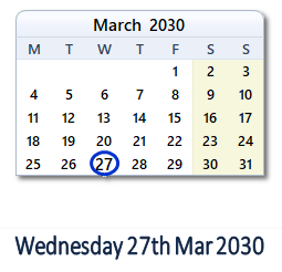 27 March 2030 calendar
