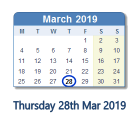28 March 2019 calendar
