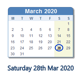 28 March 2020 calendar