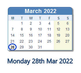 28 March 2022 calendar