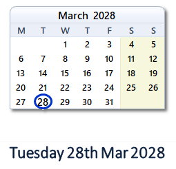 28 March 2028 calendar