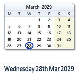 28 March 2029 calendar