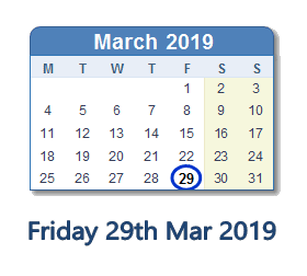 29 March 2019 calendar