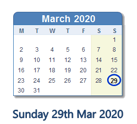 29 March 2020 calendar