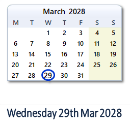 29 March 2028 calendar