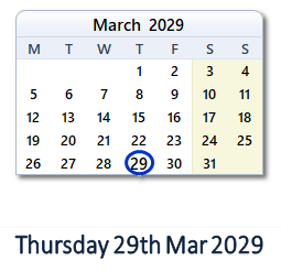 29 March 2029 calendar
