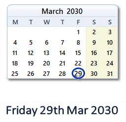 29 March 2030 calendar