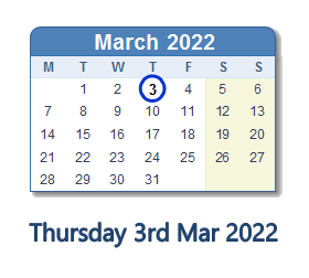 3 March 2022 calendar