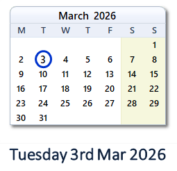3 March 2026 calendar