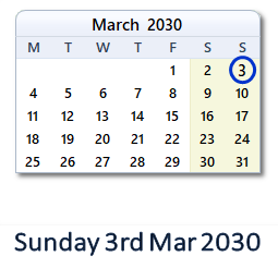 3 March 2030 calendar