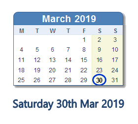 30 March 2019 calendar
