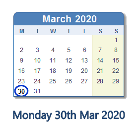30 March 2020 calendar